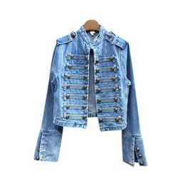 Casual Patchwork Button Blue Denim Coat For Women Stand Collar Long Sleeve Loose Jackets Female Spring Fashion 210524