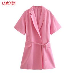 Tangada Summer Women Pink Blazer Dress with Slash Short Sleeve Ladies Mini Dress Vestidos 2W55 210609