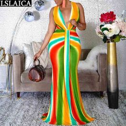 Deep V-Neck Dress Floor-Length Party Trumpet / Mermaid for Women Fashion Arrival Colourful Stripes Vestido De Mulher 210515