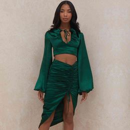 Summer Women Green Fashion 2 Two Pieces Sets Long Sleeve V Neck Tops& Skirts Lace Up Celebrity Runway Party 210423