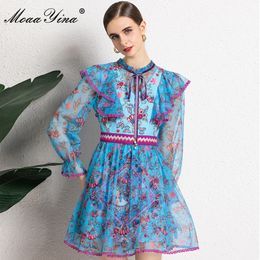 Fashion Designer Summer Mini Dress Women Long sleeve Mesh Patchwork Floral print Elegant Blue Short 210524