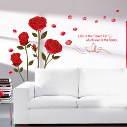 Neue abnehmbare rote Rose „Life Is The Flower“-Zitat Wandaufkleber Wandtattoo Home Room Art Decor DIY Romantische Herrliche 6055 210420
