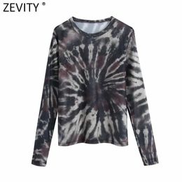 Zevity Women Chic Tie Dye Printing Transparent Mesh T Shirt Ladies Long Sleeve Ink Painting Casual Slim Leisure Tops LS7392 210603