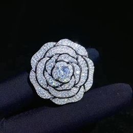 camellia 925 sterling silver with cubic zircon flower brooch 34MM classic fine women jewelry for coat