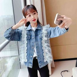 Korean Kids Girls Jeans Coats Spring Fall Children White Lace Denim Jackets Cotton Turn-down Collar Toddler Baby Tops Clothes 210622
