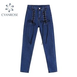 High Waist Drawstring Lace Up Design Denim Pants Women Blue&Black Vintage E-Girl Pencil Jeans Trousers Skinny Slim Sexy Ins Pant 210515