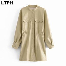 High Quality O-Neck Synthetic Leather PU women dress Long sleeve mid-length Single Breasted pocket dresses Autumn 210427