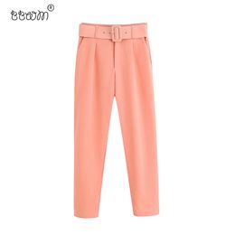 Women Fashion With Belt Office Wear Pants Vintage High Waist Zipper Fly Pockets Ankle Trousers Female Chic Pantalones 210520