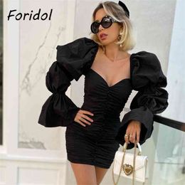 Foridol Puff Sleeve Bodycon Party Dress Women Sexy Black Mini Dress Button Up Spring Autumn Ruched Dress New 210415