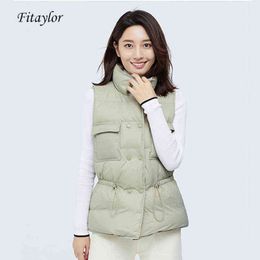 Fitaylor Ultra Light Down Vest Women Short Jacket White 90% Duck Down Coat Windproof Lightweight Warm Waistcoat Adjustable Waist 211130