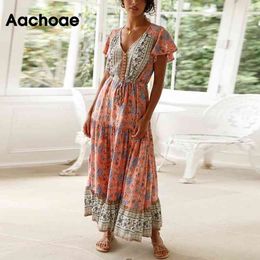 Vintage Beach Long Maxi V Neck Floral Print Boho Short Sleeve Elegant Pleated Summer Dress Sundress Vestido 210413