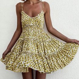 Sexy V Neck Sleeveless Floral Print Summer Sundress Spring Women Backless Beach Spaghetti Strap Swing A-Line Mini Dress 210416