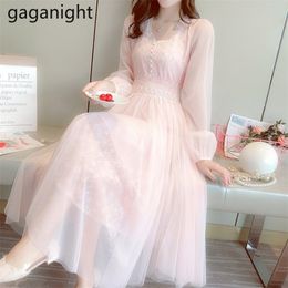 Women Spring Midi Party Dress Vintage Elegant Princess Solid Long Sleeve Lace Voile Mesh es Womens Vestidos 210601