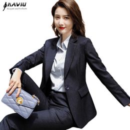 Navy Blue Plaid Suit Spring High End Business Temperament Long Sleeve Blazer And Pants Office Ladies Work Wear 210604