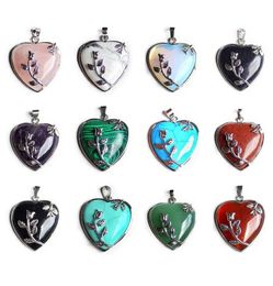15 Colours Natural Stone Heart Pendant Amethyst Green Aventurine Pink Crystal Stone Necklace Pendant Rose Flower Natural Stone