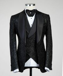 Black Sequins 2021 Wedding Tuxedos Men Suits Three Pieces Shawl Lapel Designer Mens Jacket Vest Pants