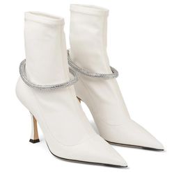 Top Luxus LEROY Stiefeletten Damen Spitzschuh Sock Booties mit Kristallverzierung High Heels Luxuriöse Marke Lady Party Hochzeitskleid