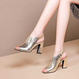 Microfiber Leather High Heeled Sandals Woman Summer Heels Shoes Peep Toe Chunky Heel Sexy for Female Korea Style Black Gold X0526