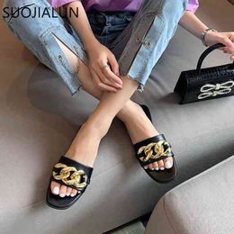 SUOJIALUN New Brand Women Slipper Square Toe Metal Chain Design Slides Flat Heel Ladies Sandal Summer Outdoor Beach Flip Flop K78