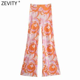 Zevity Women Fashion Fresh Colour Totem Floral Print Slim Flare Pants Retro Female Chic Elastic Waist Summer Long Trousers P1118 211124