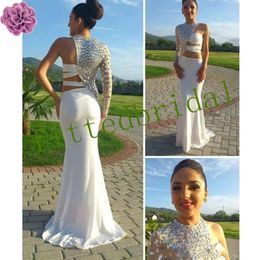 Amazing One Shoulder Evening Gowns Crystals Beaded Mermaid Sexy Women Dubai Formal Party Prom Dresses Long Sleeve