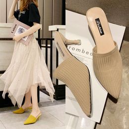 Summer Pointed Solid Colour Knitted High-heeled Thin Heeled Flying Woven Breathable Sandals Women's Sho