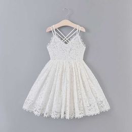 Girls White Lace Flower Dresses Summer Sling Sleeveless Backless Elegant Weddding Party Princess Dress Children Holiday Sundress Q0716