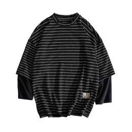 Autumn Striped Pullover Long T-Shirts Men's Fashion O Neck Patchwork Hip Hop Casual Tops Tee Men Cool Harajuku T Shirts for Boys G1222