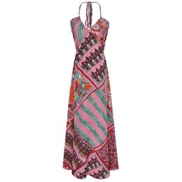 Pink Bohemian Halter Sleeveless Floral Flower Print A-line V Neck Maxi Dress Summer Beach Vocation Sexy Lace-up D1783 210514