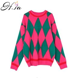 Autumn Winter Aygyle Sweater for Women Oneck Long Sleeve Knitted Pullover Cashmere Pink Blue Argyle Jumpers Pull Femme 210430
