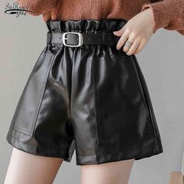 Fashion Black PU Leather Shorts Women Autumn and Winter Waistband Solid Color High Waist Wide Leg Pants Female 11091 210508