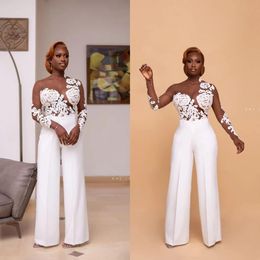 Sexy See Throu Lace Wedding Dress Jumpsuit Ankle Length Jewel Neck Appliqued Plus Size Pants Suit Long Sleeves Beach Bridal Dresses