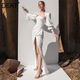 [DEAT] Summer Fashion Square Collar High Waist Flare Sleeve Floor-length Backless White Elegant Dress Women 13C601 210527