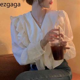 Ezgaga Tender Blouse Women V-Neck Ruffles Long Sleeve Korean Chic Spring Fashion Loose Solid Female Shirts Casual Blusas 210430