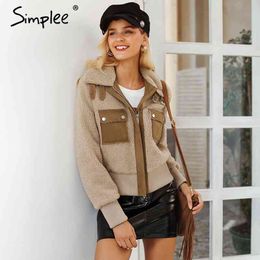 Faux lambswool coat Winter khaki warm Women autumn outerwear fashion short zipper jacket 210414