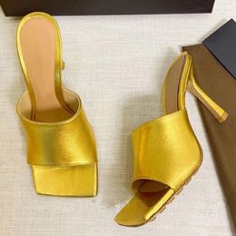 Square Toe Real Leather Women Slippers Runway One Strap Thin High Heels Woman Slides Sexy Party Summer Sandals