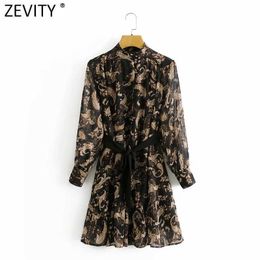 Zevity Women Vintage Cashew Nut Totem Floral Print Sashes Mini Dress Femme Golden Line Vestido Breasted Shirt Dresses DS4853 210603