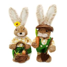 OOTDTY 2pcs Cute Straw Rabbits Bunny Decorations Easter Party Home Garden Wedding Ornament Po Props Crafts 210727