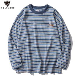 Aolamegs Long Sleeve T-shirts Men Striped Sweatshirts Harajuku Casual Pullover Tshirt Couple Anime Tee Men's Cothing Streetwear 210409