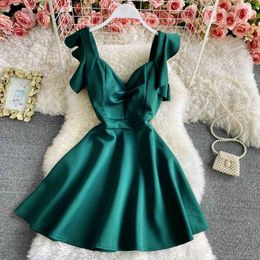 Party Dress summer fashion solid Colour retro elegant low-cut sexy A-line mini dress for womens open back short vestido 210420