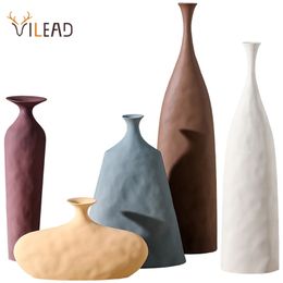 VILEAD Ceramic Flower Vases Figurines Nordic Cylinder Flower Pots Home Living Room Decoration Hogar Handicraft Modern Ornaments 210409