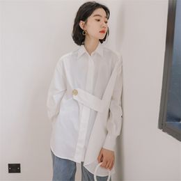 Casual design white Women Blouse Turn-Down Collar Long Sleeve Loose Asymmertical Female Fashion Clothing 210520