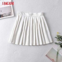 Tangada Women Striped Print Pleated Skirts Faldas Mujer Zipper French Style Female Mini Skirt JA16 210609