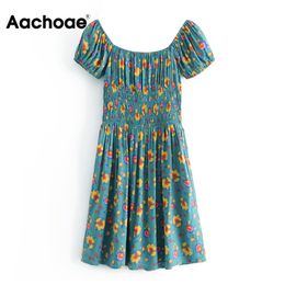 Chic Women Off Shoulder Printed Mini Dresses Summer Short Sleeve A Line Vintage Slash Neck Elastic Waist Dress 210413
