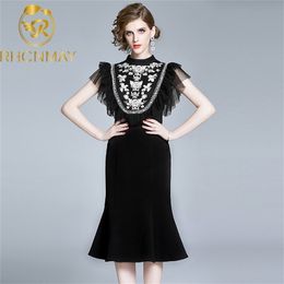 Summer Slim Mermaid Dress Midi black Embroidery es Women Clothing Vintage Party Work Ruffles 210506