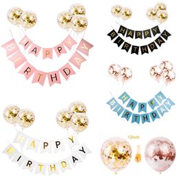 HAPPY BIRTHDAY Paper Bunting Banner with 5Pcs Rose Gold Confetti Balloons for Kids Adult Birthday Baby Shower Party Decorations 211216