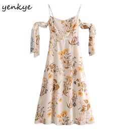 Vintage Floral Print Sexy Shoulder Off Dress Women Bow Tie Sleeve V Neck A-line Midi Holiday Summer Chiffon Robe 210514