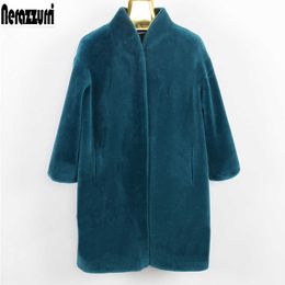 Nerazzurri Real fur coat female Medium plus size shearling sheep fur jacket 5xl 6xl 7xl drop shoulder warm lamb wool natural fur T191118