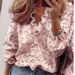 Long Sleeve Shirt Women Blouse Elegant Boho Floral Print Slim Tops Office Lady Ruffle V-Neck Edible Tree Fungus 210529