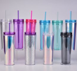 18oz Skinny Tumblers Slim Coffee Mugs Acrylic Water Cup Double Wall Reusable With Lid and Plastic Straw Drinking 10 Colours